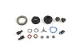 A collection of unassembled RC differential parts including gears, housing, outdrives, screws, and O-rings on a white background.