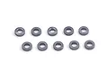 Ten small gunmetal-coloured aluminium shims arranged in two rows of five on a white background.