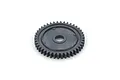 A dark grey plastic spur gear for an RC car, shown from a top-down angle against a white background.