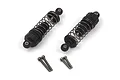 Two black adjustable RC shock absorbers with coil springs and four mounting screws on a white background.