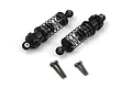 Two black aluminium adjustable RC shock absorbers with coil springs and four mounting screws on a white background.