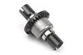 A complete assembled metal differential unit for an RC car, featuring a bevel gear and two drive cups on a white background.