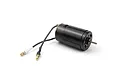 A black Maverick 390 brushed RC motor with two black wires and gold bullet connectors against a white background.