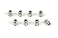 Eight small silver-coloured metal pivot balls for RC car suspension arranged on a white background.