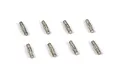 Eight small silver metal drive pins arranged in two rows of four on a white background.