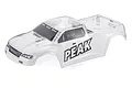 A clear, unpainted 1/10 scale RC truck body shell by Atrek, featuring the Peak logo on the side and Atrek branding on the windshield and grille.