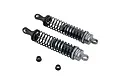 Two grey aluminium RC shock absorbers with black springs and two small black plastic spacers on a white background.