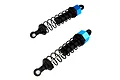 Two HSP RC shock absorbers with black bodies, black springs, and blue anodized aluminum top caps, isolated on a white background.