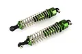 Two green anodized aluminium RC shock absorbers with silver coil springs on a white background.
