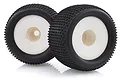 Two black off-road RC car tyres mounted on white plastic rims, shown against a white background.