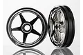 Two 1.9-inch five-spoke RC car rims with a chrome finish, shown from front and side angles against a white background.
