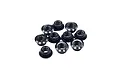 A group of ten black anodized aluminium M3 threaded inserts for RC cars arranged on a white background.
