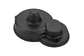 A black plastic gear cover for an RC vehicle, featuring a textured finish and two raised circular sections, isolated on a white background.