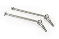 Two silver metal RC front universal CVD driveshafts with threaded ends, isolated on a white background.