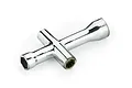A small, chrome-plated metal cross wrench for RC vehicles, shown at an angle on a white background.
