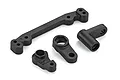 A set of four black plastic RC servo saver and steering components isolated on a white background.