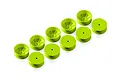 Ten bright yellow XRAY 4WD front aerodisk RC car rims arranged in a staggered pattern on a white background.