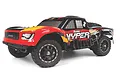 BlackZon Vyper SC Turbo 1/16 scale RC short course truck in red, orange, and black livery on a white background.