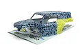HPI Racing 1/18 Ford Bronco 4400 Big Kahuna pre-painted RC body shell in blue and yellow floral pattern, resting on a decal sheet.