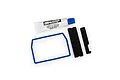 Traxxas receiver box seal kit including a blue rubber gasket, two black foam strips, and a tube of Traxxas silicone grease on a white background.
