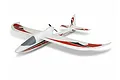 FMS Easy Trainer 1.3m RC plane in white with red and black decals, featuring a pusher propeller configuration and sleek glider-style design.
