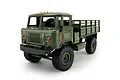 A green WPL B24 1/16 scale RC military truck viewed from a front three-quarter angle against a white background.