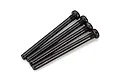 Four black metal suspension arm pin screws for RC vehicles arranged side-by-side on a white background.