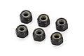Six black steel nyloc nuts arranged on a white background.