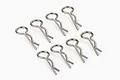 Eight silver-coloured metal RC body clips arranged on a plain white background.