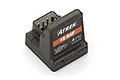 Atrek FS-R4P 2.4Ghz 4-channel micro receiver for RC vehicles, featuring a black plastic casing with orange branding and connector pins.