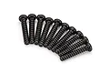 A set of ten black metal binder head screws with coarse threads arranged in a fan shape on a white background.