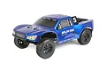 A blue Rovan Baja 5SC 1/5 scale RC short course truck with black wheels and off-road tires, shown from a three-quarter front angle on a white background.