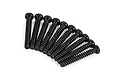 A set of ten black metal binder head screws arranged in a fan shape against a white background.