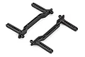 Two black plastic RC car body mounts with adjustable height holes, shown from an angled perspective against a white background.