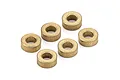 A set of six small, circular brass-coloured Oilite bushings arranged on a white background.