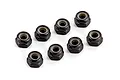 A set of eight black steel 4mm nyloc nuts arranged on a white background.