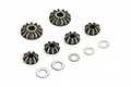 A set of Atrek RC differential bevel gears and metal washers arranged on a white background.