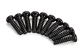 A set of ten black metal binder head screws with coarse threads arranged in a semi-circle on a white background.
