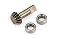 An HSP 14T differential pinion gear made of metal, accompanied by two small metal ball bearings, isolated on a white background.