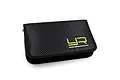 A black Yeah Racing tool bag with a carbon fiber texture and yellow logo on a white background.