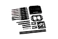 A comprehensive Yeah Racing black aluminium RC tool and chassis setup kit including screwdrivers, gauges, and a tool stand on a white background.