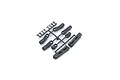 A black plastic parts tree containing various RC suspension components including rod ends and arm pieces on a white background.