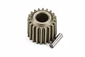 A steel 20-tooth input gear for an RC drivetrain, shown with a small metal pin on a white background.