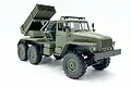 WPL B36-2 BM-21 6WD RC rocket launcher truck in olive green, shown from a front three-quarter angle against a white background.