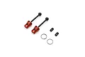 Two Kyosho red aluminium and black steel CVD driveshafts with associated small parts on a white background.