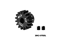 A black 17-tooth 1Mod pinion gear by GPM Racing with two small grub screws, set against a white background.