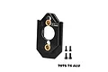 A black GPM Racing aluminium motor mount with brass inserts and four small black screws on a white background.