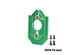 A green GPM Racing aluminium motor mount with four black screws on a white background.