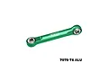 A green anodized aluminium steering link by GPM Racing, featuring silver metal ball joints at each end, set against a plain white background.