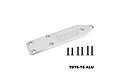 A silver GPM Racing aluminium rear skid plate for RC cars, shown with six black mounting screws on a white background.
